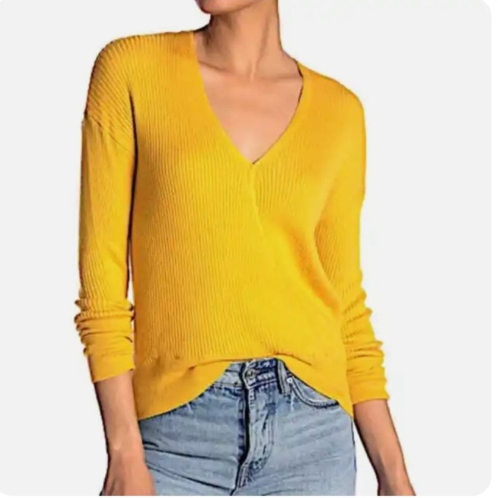 Nordstrom Elodie Mustard Yellow Ribbed Faux Wrap Sweater Small
